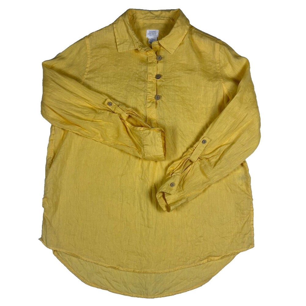 Sigrid Olsen Linen Tunic Women Small Yellow Roll Tab Sleeve Popover Shirt